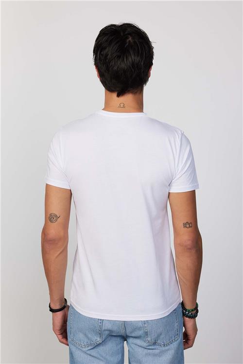 Erkek Slim Fit Dar Kesim %100 Pamuk Yumuşak Dokulu Baskılı Beyaz Bisiklet Yaka Tişört