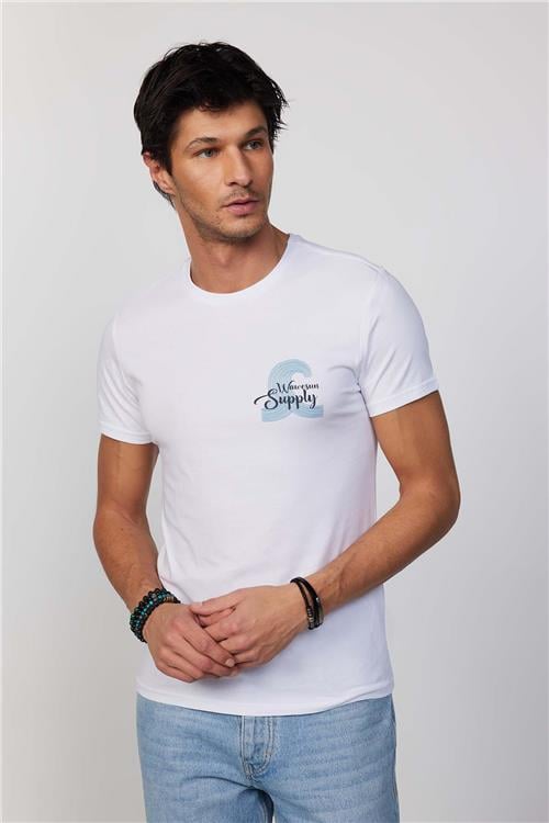 Erkek Slim Fit Dar Kesim %100 Pamuk Yumuşak Dokulu Baskılı Beyaz Bisiklet Yaka Tişört