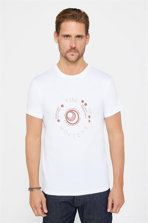 Erkek Slim Fit Dar Kesim %100 Pamuk Yumuşak Dokulu Baskılı Beyaz Bisiklet Yaka Tişört