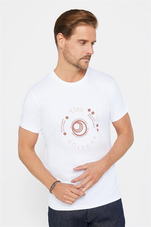 Erkek Slim Fit Dar Kesim %100 Pamuk Yumuşak Dokulu Baskılı Beyaz Bisiklet Yaka Tişört