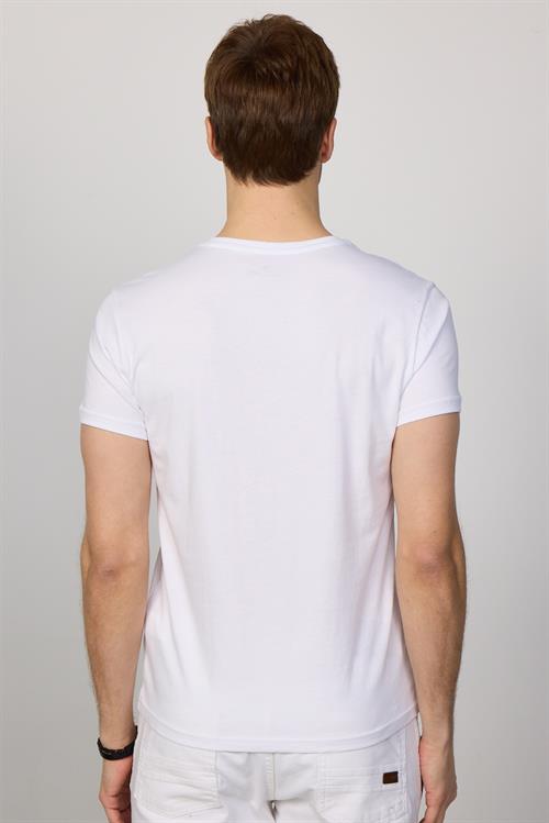 Erkek Slim Fit Dar Kesim %100 Pamuk Yumuşak Dokulu Baskılı Beyaz Bisiklet Yaka Tişört