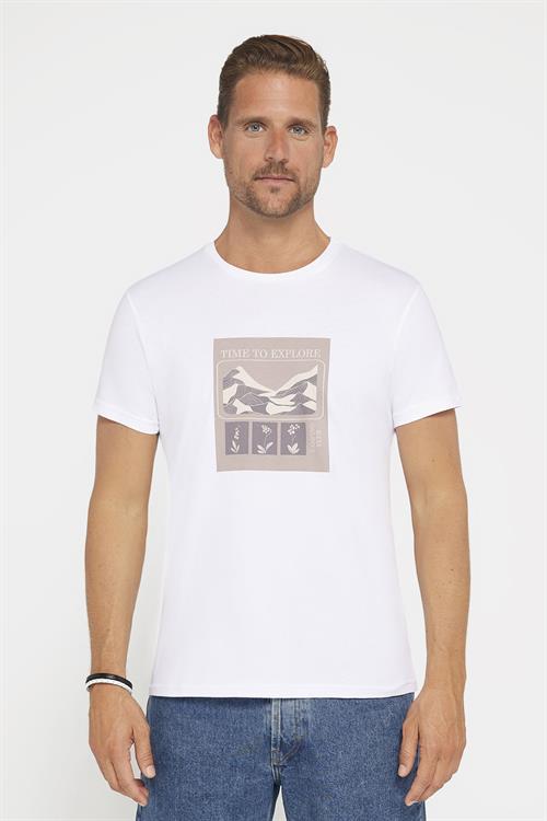 Erkek Slim Fit Dar Kesim %100 Pamuk Yumuşak Dokulu Baskılı Beyaz Bisiklet Yaka Tişört
