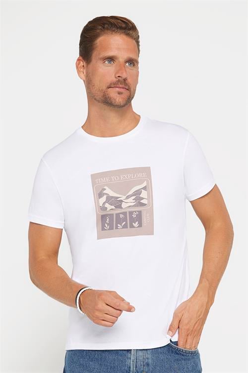 Erkek Slim Fit Dar Kesim %100 Pamuk Yumuşak Dokulu Baskılı Beyaz Bisiklet Yaka Tişört