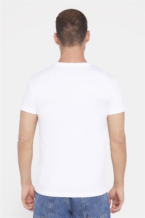 Erkek Slim Fit Dar Kesim %100 Pamuk Yumuşak Dokulu Baskılı Beyaz Bisiklet Yaka Tişört