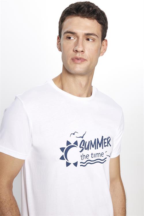 Erkek Slim Fit Dar Kesim %100 Pamuk Yumuşak Dokulu Baskılı Beyaz Bisiklet Yaka Tişört
