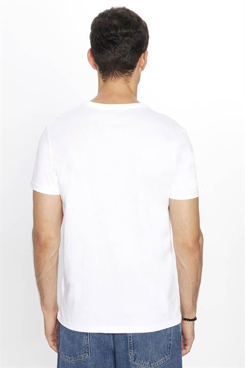Erkek Slim Fit Dar Kesim %100 Pamuk Yumuşak Dokulu Baskılı Beyaz Bisiklet Yaka Tişört