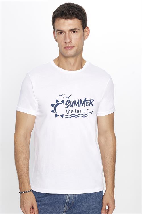 Erkek Slim Fit Dar Kesim %100 Pamuk Yumuşak Dokulu Baskılı Beyaz Bisiklet Yaka Tişört