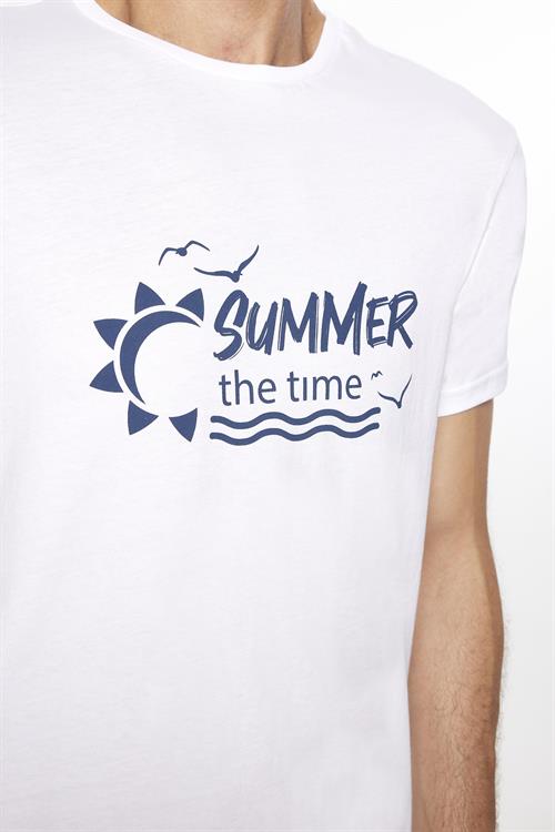 Erkek Slim Fit Dar Kesim %100 Pamuk Yumuşak Dokulu Baskılı Beyaz Bisiklet Yaka Tişört