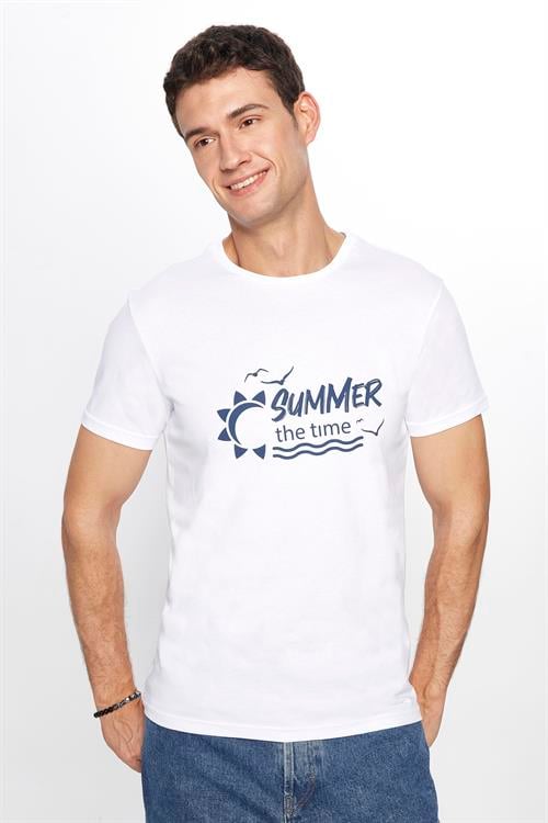 Erkek Slim Fit Dar Kesim %100 Pamuk Yumuşak Dokulu Baskılı Beyaz Bisiklet Yaka Tişört