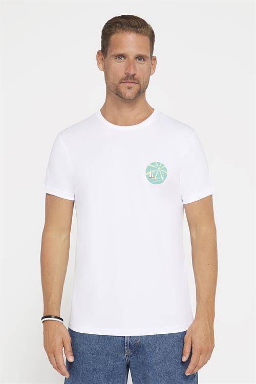 Erkek Slim Fit Dar Kesim %100 Pamuk Yumuşak Dokulu Baskılı Beyaz Bisiklet Yaka Tişört