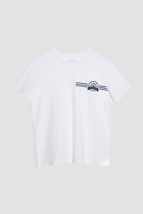 Erkek Slim Fit Dar Kesim %100 Pamuk Yumuşak Dokulu Baskılı Beyaz Bisiklet Yaka Tişört