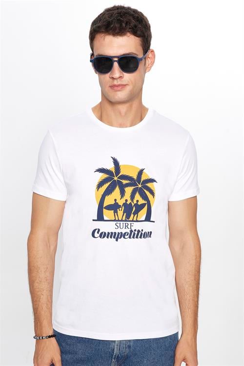 Erkek Slim Fit Dar Kesim %100 Pamuk Yumuşak Dokulu Baskılı Beyaz Bisiklet Yaka Tişört
