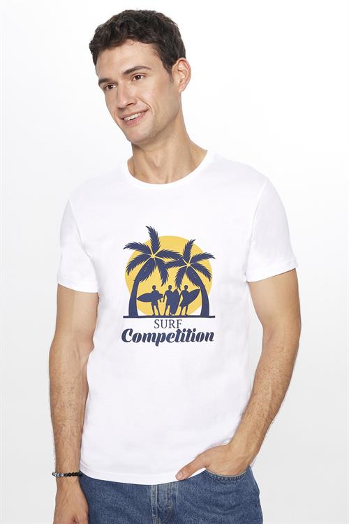 Erkek Slim Fit Dar Kesim %100 Pamuk Yumuşak Dokulu Baskılı Beyaz Bisiklet Yaka Tişört