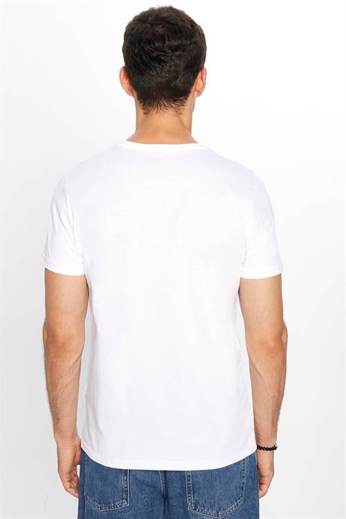 Erkek Slim Fit Dar Kesim %100 Pamuk Yumuşak Dokulu Baskılı Beyaz Bisiklet Yaka Tişört