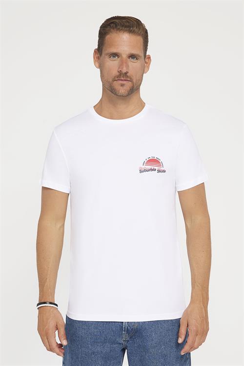 Erkek Slim Fit Dar Kesim %100 Pamuk Yumuşak Dokulu Baskılı Beyaz Bisiklet Yaka Tişört