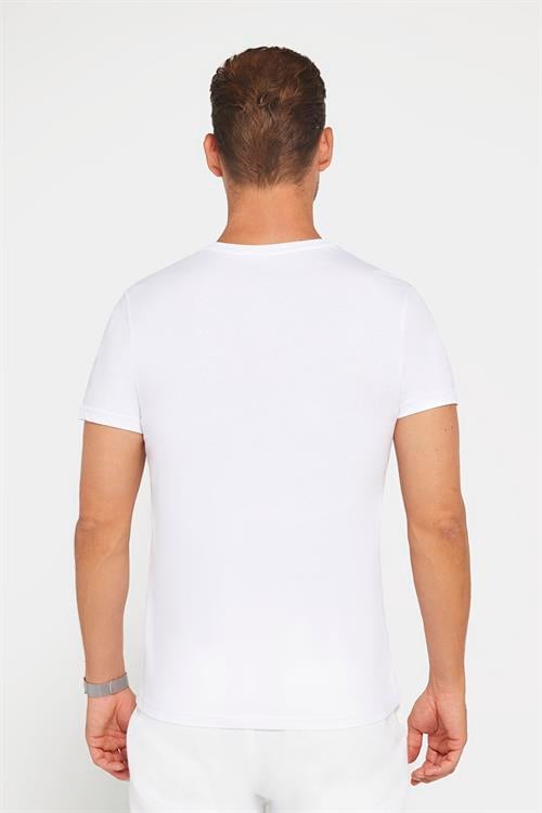 Erkek Slim Fit Dar Kesim %100 Pamuk Yumuşak Dokulu Baskılı Beyaz Bisiklet Yaka Tişört