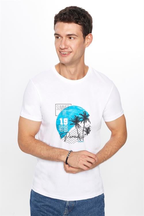 Erkek Slim Fit Dar Kesim %100 Pamuk Yumuşak Dokulu Baskılı Beyaz Bisiklet Yaka Tişört