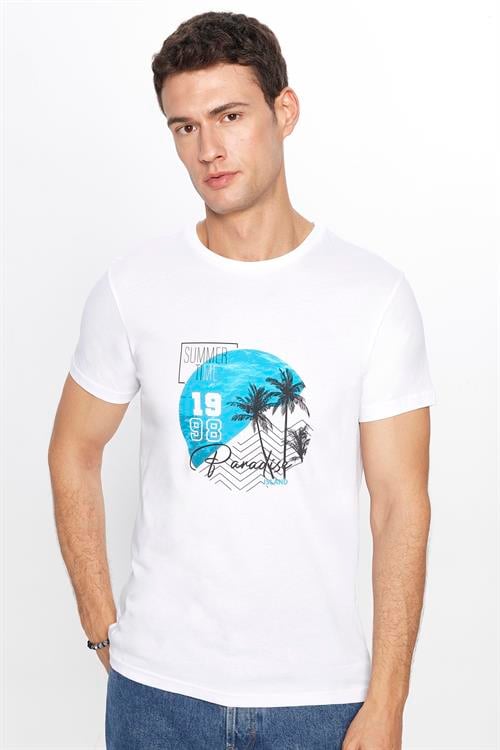 Erkek Slim Fit Dar Kesim %100 Pamuk Yumuşak Dokulu Baskılı Beyaz Bisiklet Yaka Tişört