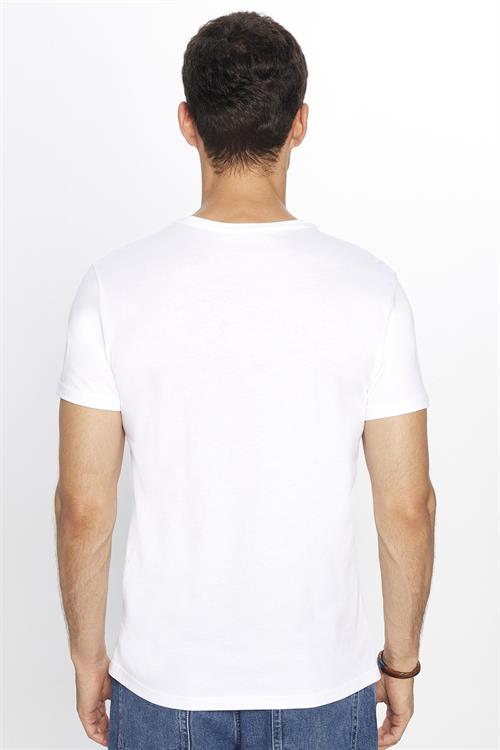 Erkek Slim Fit Dar Kesim %100 Pamuk Yumuşak Dokulu Baskılı Beyaz Bisiklet Yaka Tişört