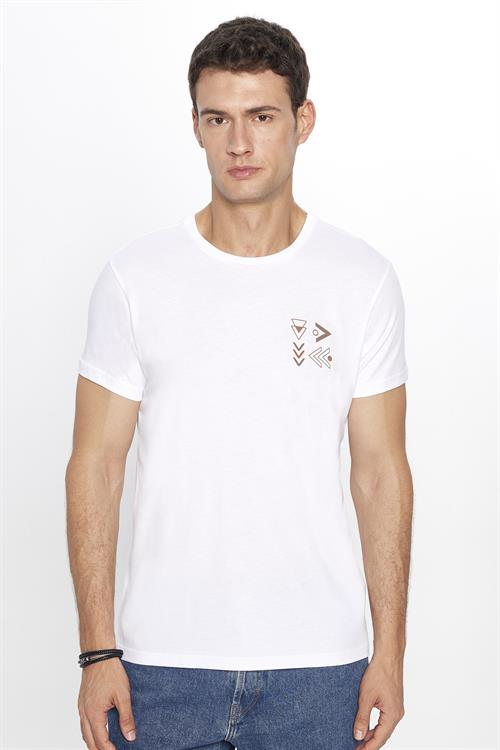 Erkek Slim Fit Dar Kesim %100 Pamuk Yumuşak Dokulu Baskılı Beyaz Bisiklet Yaka Tişört