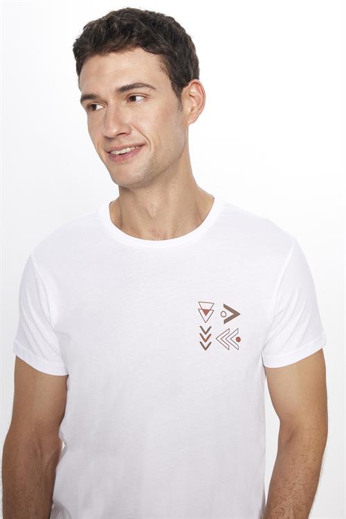 Erkek Slim Fit Dar Kesim %100 Pamuk Yumuşak Dokulu Baskılı Beyaz Bisiklet Yaka Tişört