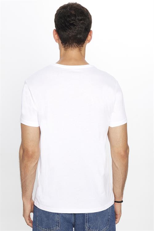 Erkek Slim Fit Dar Kesim %100 Pamuk Yumuşak Dokulu Baskılı Beyaz Bisiklet Yaka Tişört