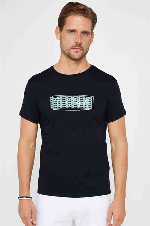 Erkek Slim Fit Dar Kesim %100 Pamuk Yumuşak Dokulu Baskılı Siyah Bisiklet Yaka Tişört