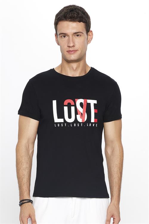 Erkek Slim Fit Dar Kesim %100 Pamuk Yumuşak Dokulu Baskılı Siyah Bisiklet Yaka Tişört