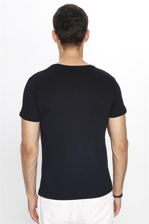 Erkek Slim Fit Dar Kesim %100 Pamuk Yumuşak Dokulu Baskılı Siyah Bisiklet Yaka Tişört