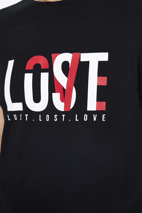 Erkek Slim Fit Dar Kesim %100 Pamuk Yumuşak Dokulu Baskılı Siyah Bisiklet Yaka Tişört