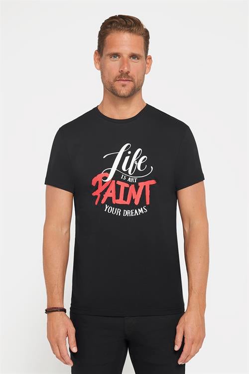 Erkek Slim Fit Dar Kesim %100 Pamuk Yumuşak Dokulu Baskılı Siyah Bisiklet Yaka Tişört