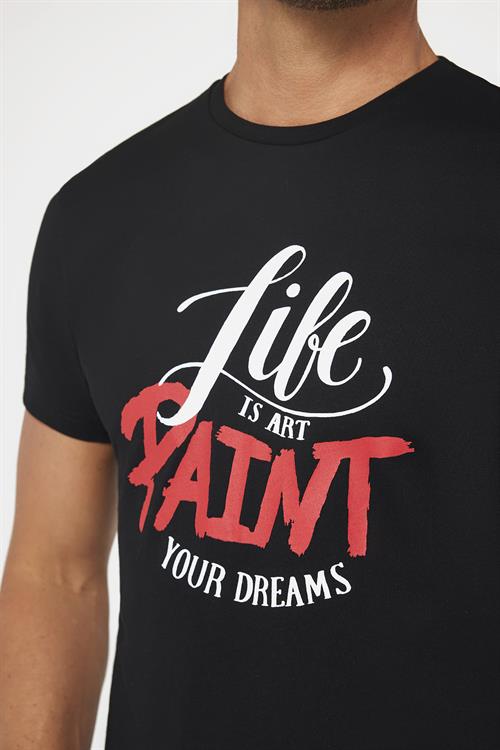 Erkek Slim Fit Dar Kesim %100 Pamuk Yumuşak Dokulu Baskılı Siyah Bisiklet Yaka Tişört