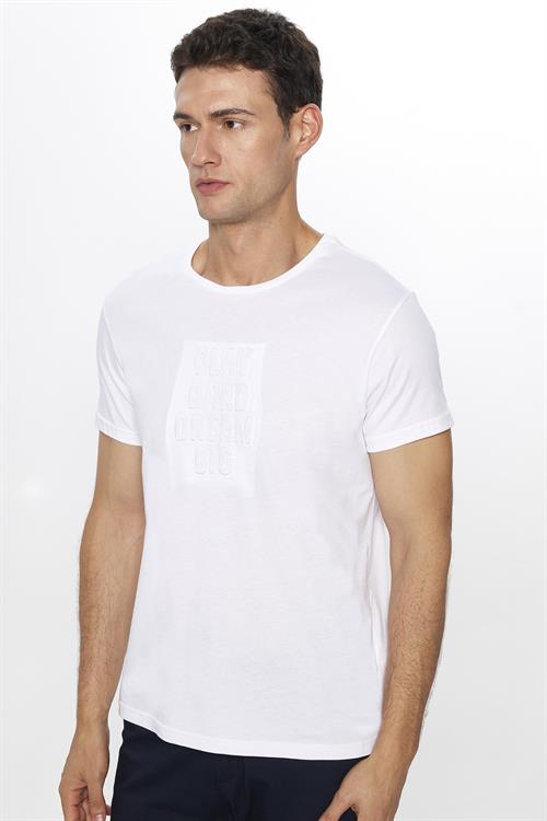 Erkek Slim Fit Dar Kesim %100 Pamuk Yumuşak Dokulu Baskılı Beyaz Bisiklet Yaka Tişört