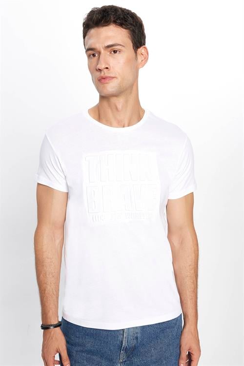 Erkek Slim Fit Dar Kesim %100 Pamuk Yumuşak Dokulu Baskılı Beyaz Bisiklet Yaka Tişört