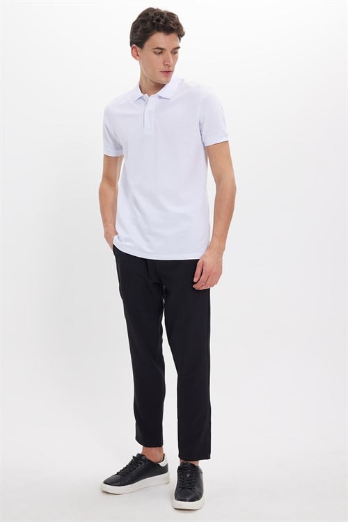 Erkek Slim Fit Dar Kesim Pamuklu Yumuşak Doku Nefes Alan Kumaş Kıvrılmaz Yaka Beyaz Polo Yaka Tişört