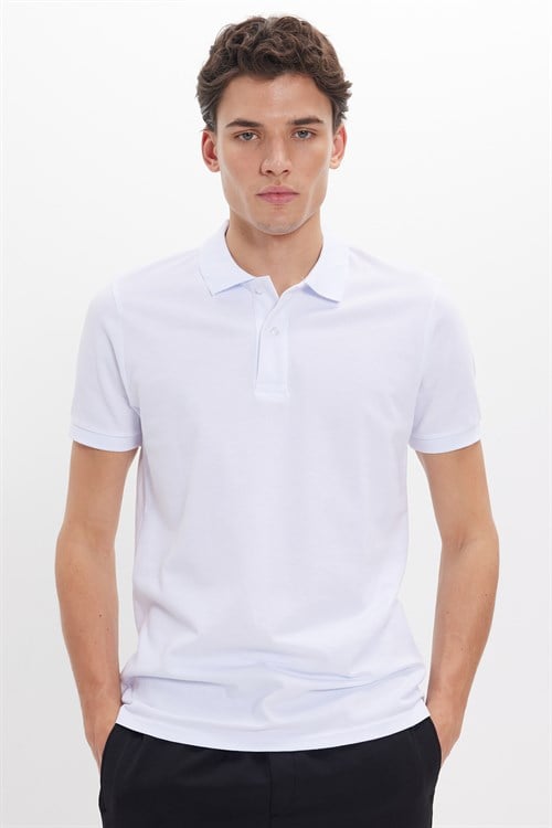 Erkek Slim Fit Dar Kesim Pamuklu Yumuşak Doku Nefes Alan Kumaş Kıvrılmaz Yaka Beyaz Polo Yaka Tişört