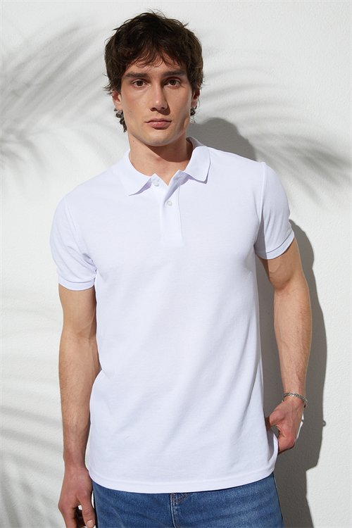 Erkek Slim Fit Dar Kesim Pamuklu Yumuşak Doku Nefes Alan Kumaş Kıvrılmaz Yaka Beyaz Polo Yaka Tişört