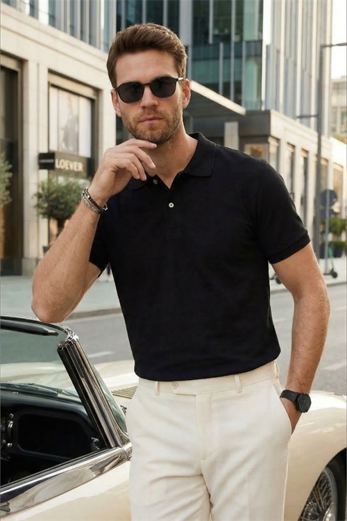 Erkek Slim Fit Dar Kesim Pamuklu Yumuşak Doku Nefes Alan Kumaş Kıvrılmaz Yaka Siyah Polo Yaka Tişört