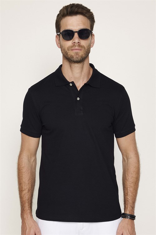 Erkek Slim Fit Dar Kesim Pamuklu Yumuşak Doku Kıvrılmaz Yaka Siyah Polo Yaka Tişört