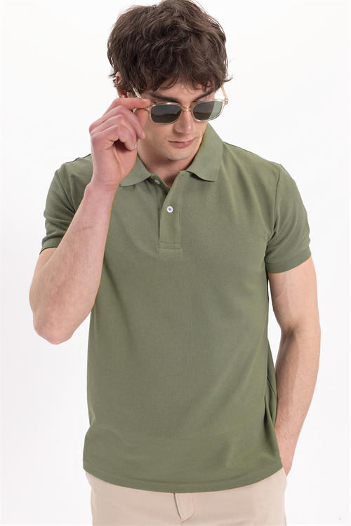 Erkek Slim Fit Dar Kesim Pamuklu Yumuşak Dokulu Serin Tutan Kumaş Düz Pike Haki Polo Yaka Tişört