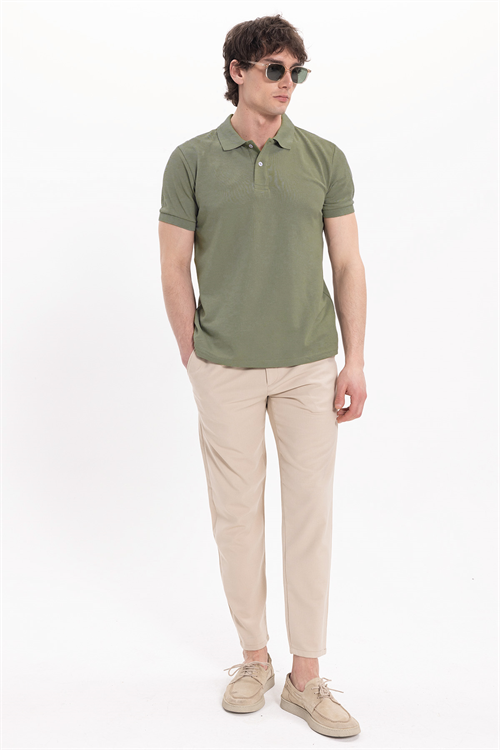 Erkek Slim Fit Dar Kesim Pamuklu Yumuşak Dokulu Serin Tutan Kumaş Düz Pike Haki Polo Yaka Tişört
