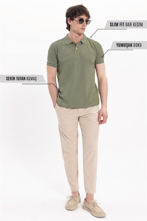 Erkek Slim Fit Dar Kesim Pamuklu Yumuşak Dokulu Serin Tutan Kumaş Düz Pike Haki Polo Yaka Tişört