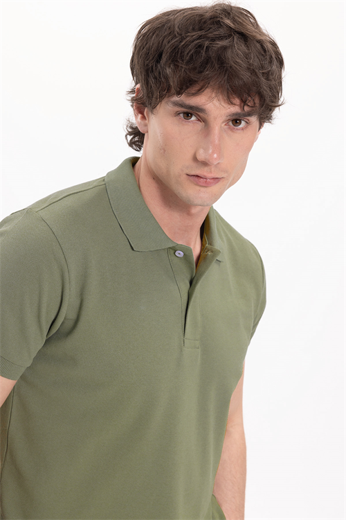 Erkek Slim Fit Dar Kesim Pamuklu Yumuşak Dokulu Serin Tutan Kumaş Düz Pike Haki Polo Yaka Tişört