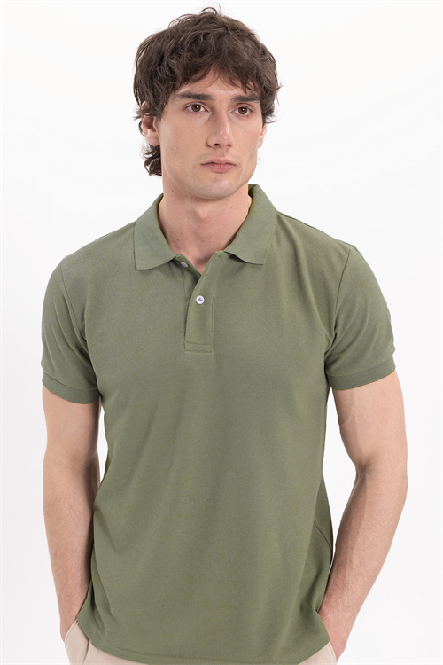 Erkek Slim Fit Dar Kesim Pamuklu Yumuşak Dokulu Serin Tutan Kumaş Düz Pike Haki Polo Yaka Tişört