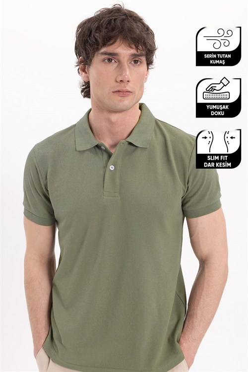 Erkek Slim Fit Dar Kesim Pamuklu Yumuşak Dokulu Serin Tutan Kumaş Düz Pike Haki Polo Yaka Tişört