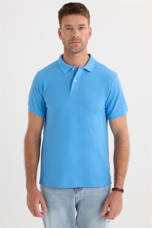 Erkek Slim Fit Dar Kesim Pamuklu Yumuşak Dokulu Serin Tutan Kumaş Düz Pike Mavi Polo Yaka Tişört