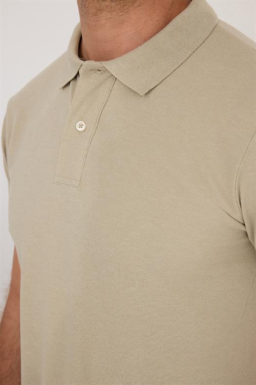 Erkek Slim Fit Dar Kesim Pamuklu Yumuşak Dokulu Serin Tutan Kumaş Düz Pike Bej Polo Yaka Tişört
