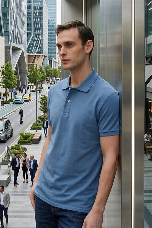 Erkek Slim Fit Dar Kesim Pamuklu Yumuşak Doku Nefes Alan Kumaş Kıvrılmaz Yaka Mavi Renk Polo Yaka