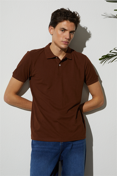 Erkek Slim Fit Dar Kesim Pamuklu Yumuşak Doku Nefes Alan Kumaş Kahverengi Polo Yaka Tişört