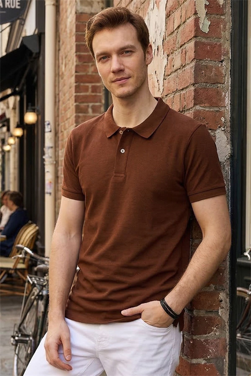 Erkek Slim Fit Dar Kesim Pamuklu Yumuşak Doku Nefes Alan Kumaş Kahverengi Polo Yaka Tişört